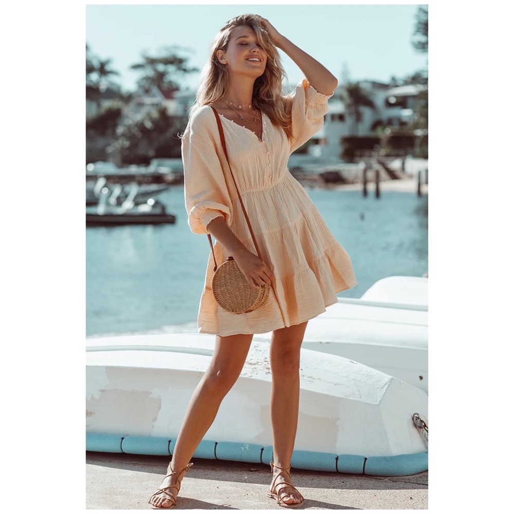 SOLD OUT CLEARANCE Peach Tiered Ruffle Button Neck Mini Dress - Picture 4 of 8